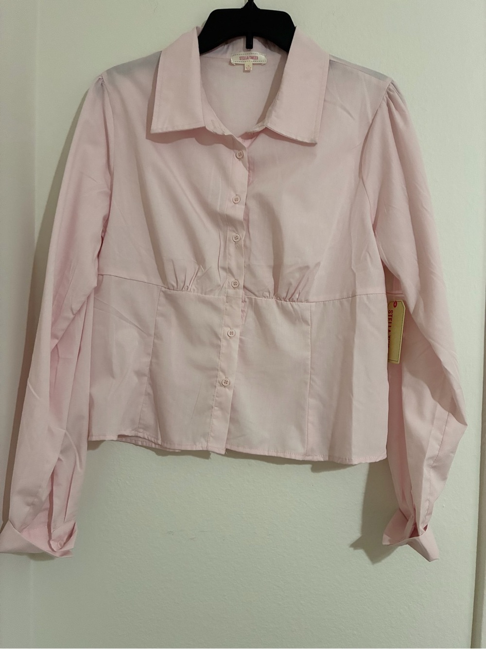 Stella Tweed Pale Pink Button-Down Cropped Blouse